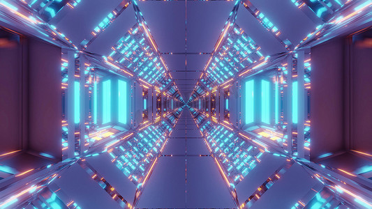 未来派科幻机库隧道与无尽的发光灯 3d 渲染设计背景壁纸