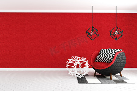 红墙背景上带天鹅绒扶手椅的客厅内部