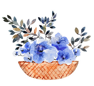 可爱手绘花朵摄影照片_木篮中的蓝色花朵