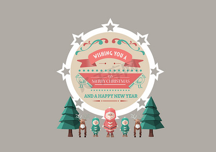 新年快乐3摄影照片_树、驯鹿、人物和圣诞快乐的 3D 插图
