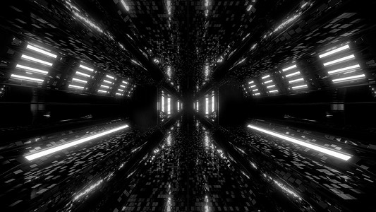 砖摄影照片_未来派科幻空间机库隧道走廊 3D 插图与砖纹理和发光的空调背景壁纸