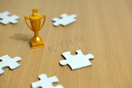 一个金色奖杯位于五个选项/替代拼图游戏之间