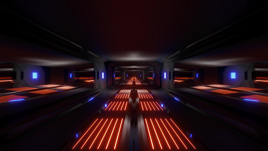 深黑色太空科幻隧道与 orange 蓝色发光灯 3d 插图壁纸背景