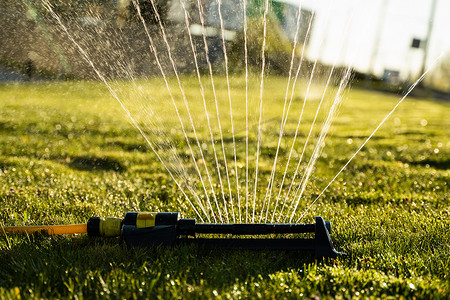 草坪喷水器在绿草上喷水。
