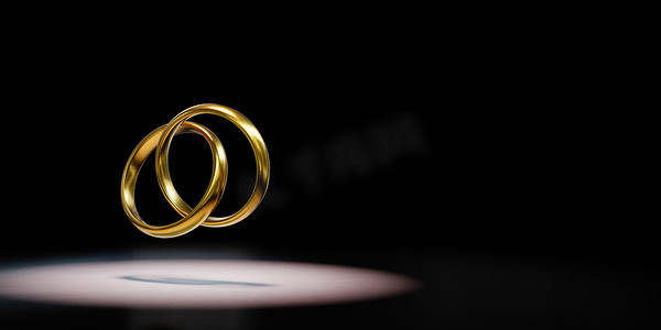 两个金戒指链在黑色背景 3D 插图上聚焦