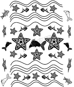 白色鱼纹摄影照片_黑色和白色背景与海星，波浪，纹身风格的鱼