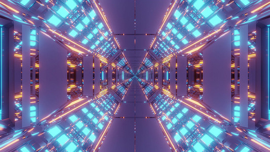 灯光室内背景摄影照片_未来派科幻机库隧道与无尽的发光灯 3d 渲染设计背景壁纸