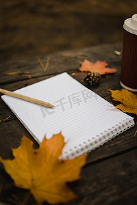 注意事项ppt素材摄影照片_深色背景中的白色空白笔记本和笔，周围有围巾、格子花呢和杯子、秋天的黄叶和松果。
