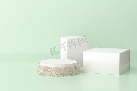 用于产品的混凝土和白色圆柱体和立方体形状的支架或基座。 