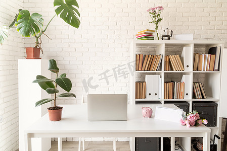 书架墙摄影照片_带笔记本电脑、书架和植物的时尚舒适工作区