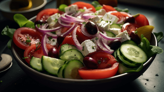 希腊式沙拉西红柿丁黄瓜羊乳酪橄榄红洋葱圈素食者的食物节日和新年的菜肴在浅色背景