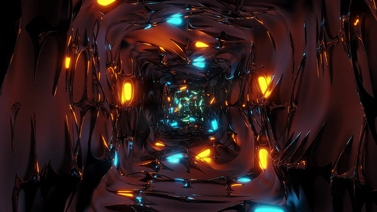 无尽的抽象幻想精灵隧道走廊与发光灯和反光金属 contur 3d 插图背景壁纸