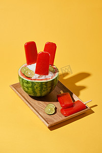 西瓜黄色摄影照片_黄色背景中木托盘上的西瓜冰棒
