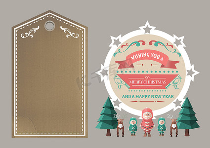 树、驯鹿、人物和圣诞快乐的 3D 插图