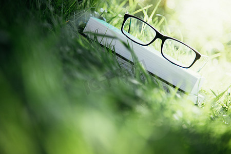 户外学习：在公园户外读书的眼镜，春天