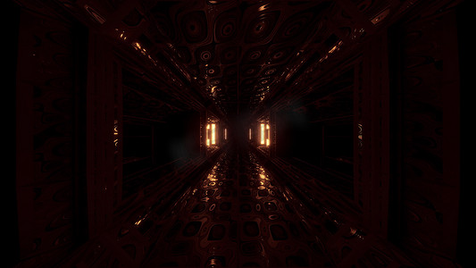未来派科幻空间机库隧道走廊 3D 插图与抽象眼睛纹理背景壁纸