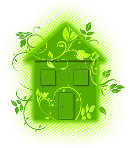 绿色花卉生态房屋插画