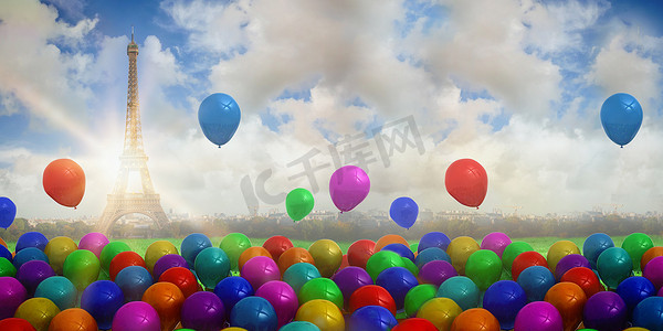 彩色漂浮气球摄影照片_彩色气球的合成图像