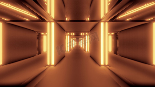 干净的金色隧道走廊与玻璃窗 3d 插图背景墙纸设计