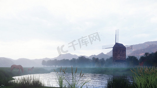 一个乡村雾蒙蒙的早晨风景，池塘旁有一座古老的风车和马匹，草和植物在风中摇曳，背景是多云的天空。 