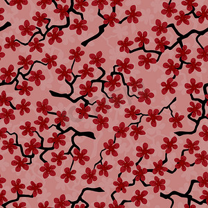 红色花卉邀请函摄影照片_无缝图案与盛开的日本樱花枝条，用于织物、包装、壁纸、纺织品装饰、设计、邀请函、印刷品、礼品包装、制造。鲑鱼背景上的红色花朵