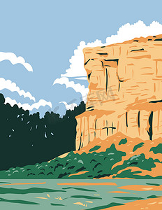 WPA 庞贝柱国家纪念碑的海报艺术位于美国蒙大拿州中南部的砂岩柱和岩层以工程项目管理方式完成。