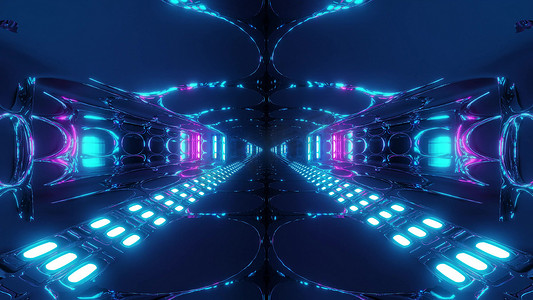 具有酷反射的未来派外星空间隧道走廊 3d 渲染墙纸背景