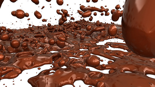 可可咖啡摄影照片_融化的巧克力或可可咖啡飞溅和液滴