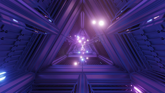 发光的球体粒子飞过三角形空间隧道走廊 3d 插图背景壁纸图形艺术品