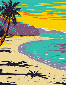 位于加勒比海圣约翰岛维尔京群岛国家公园内的象鼻湾海滩 WPA 海报艺术