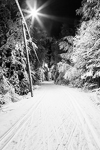 夜间滑雪道的黑白照片