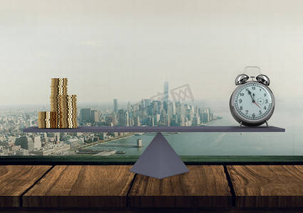 城市钱币摄影照片_办公室城市背景下的时钟和金钱平衡