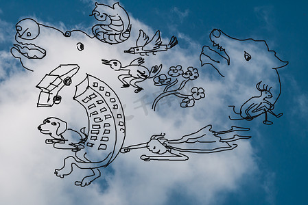 儿童卡通狗摄影照片_在蓝蓝的天空上涂鸦卡通