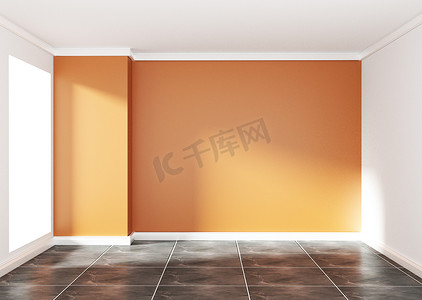 棕色3d摄影照片_空荡荡的橙色房间室内设计 3d 渲染
