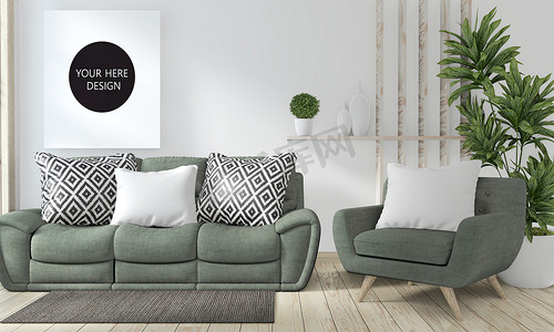 装饰海报背景摄影照片_模拟海报框架房间与沙发绿色和装饰植物。