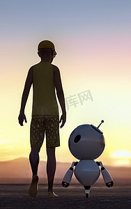 一个小男孩和一个小型机械机器人，走向夕阳