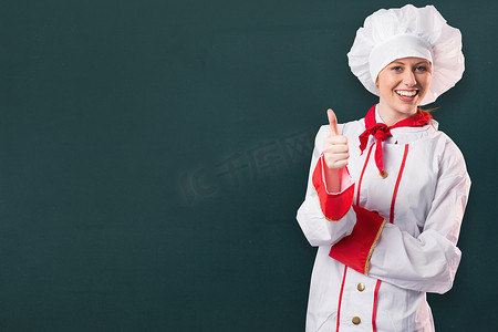 厨师动画摄影照片_漂亮厨师竖起大拇指的合成图像