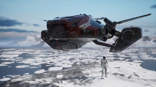 宇航员降落在一个新的未知星球上，上面覆盖着冰雪。 