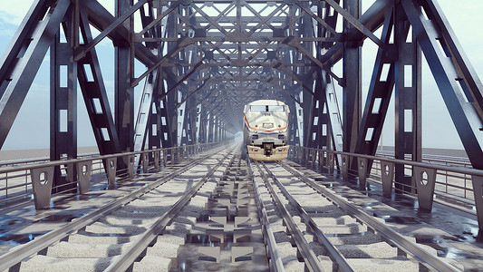 天空经摄影照片_在一个多云的夏日早晨，当一列旅客列车经过时，人们穿过铁路桥。 