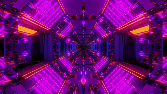 炫光背景摄影照片_未来派科幻隧道走廊值得炫酷的反射和无尽的发光灯 3d 插图背景壁纸