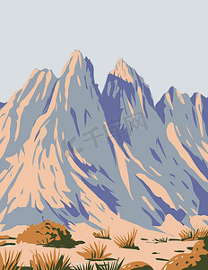 位于美国新墨西哥州梅西拉谷的器官山脉-沙漠峰国家纪念碑 WPA 海报艺术
