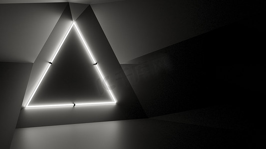 一盏霓虹白色三角灯点燃的抽象几何学