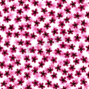 无缝图案与盛开的日本樱花，用于织物、包装、壁纸、纺织品装饰、设计、邀请函、印刷品、礼品包装、制造。白色背景上的粉红色和栗色花朵。