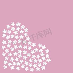 现代名片设计模板，心由粉红色背景的白色樱花花装饰制成。