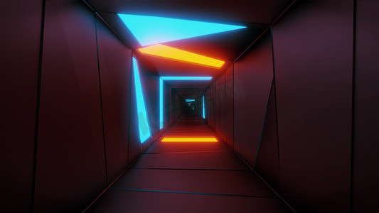 具有发光光图案的高度抽象设计隧道走廊 3d 插图墙纸背景