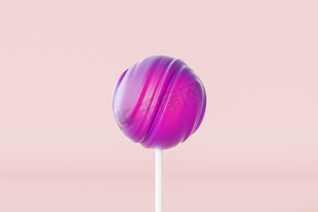 棒棒糖上的紫色棒棒糖，柔和的粉红色背景，3d 渲染
