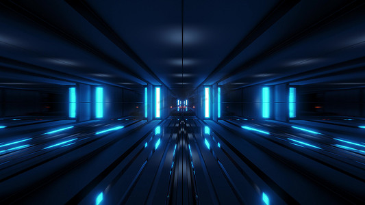 干净的风格 blck 隧道走廊背景与蓝色发光​​背景 3d 渲染