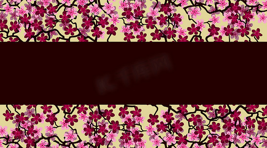 花卉问候横幅与美丽的粉红色花朵分支樱花。勃艮第颜色背景与复制空间文本在盛开的樱桃树枝上。