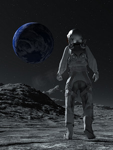 太空行走的宇航员在月球上看着地球。