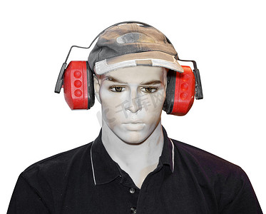 护耳罩摄影照片_带防护耳罩的模特